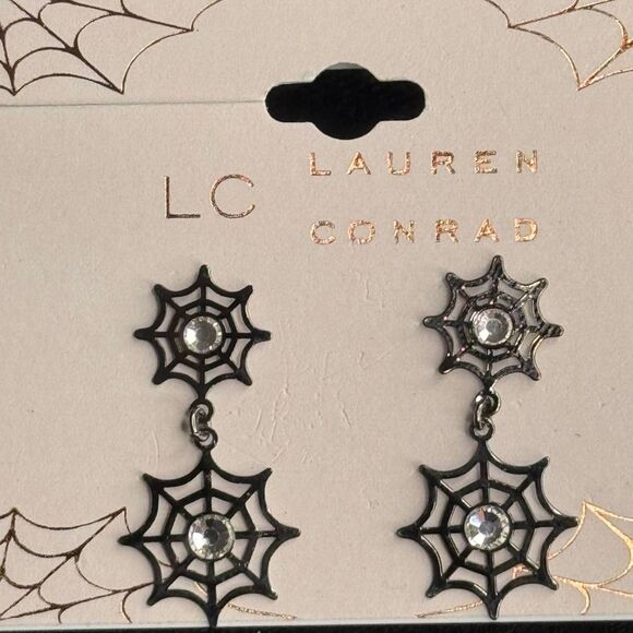 LC Lauren Conrad Black Sparkly Spiderweb Statement Earrings 1 inch - Picture 2 of 5